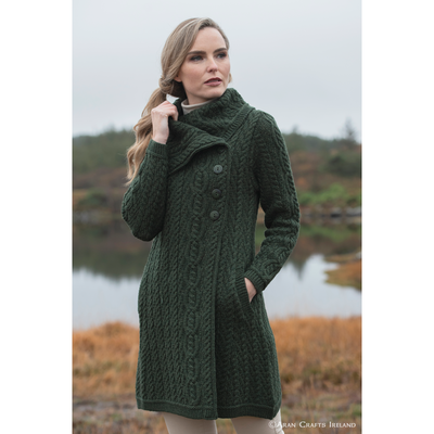 Merino Wool Ladies Aran Coat - Green
